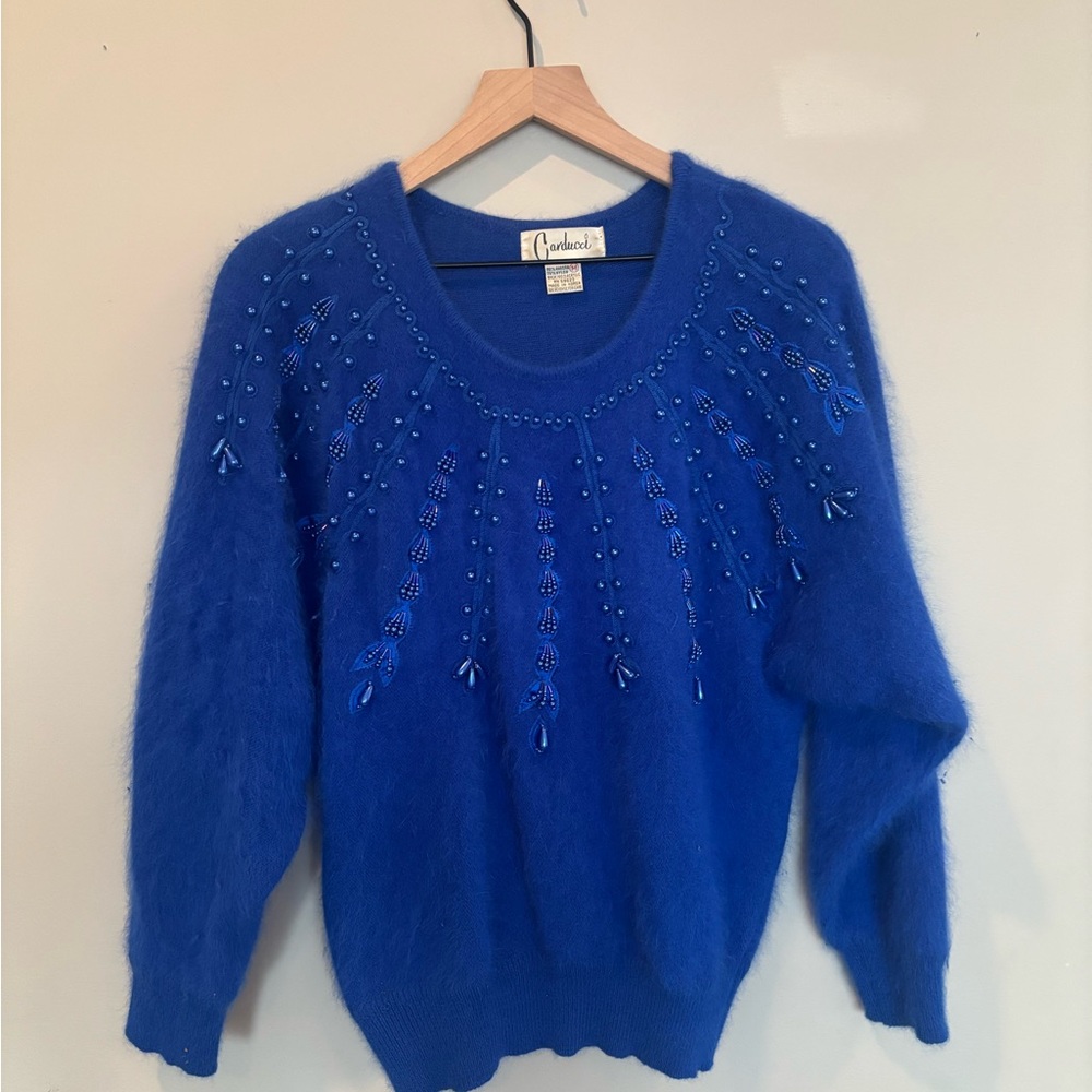 Vintage Caducci dolman mohair embellished beaded Blue Sweater holiday party